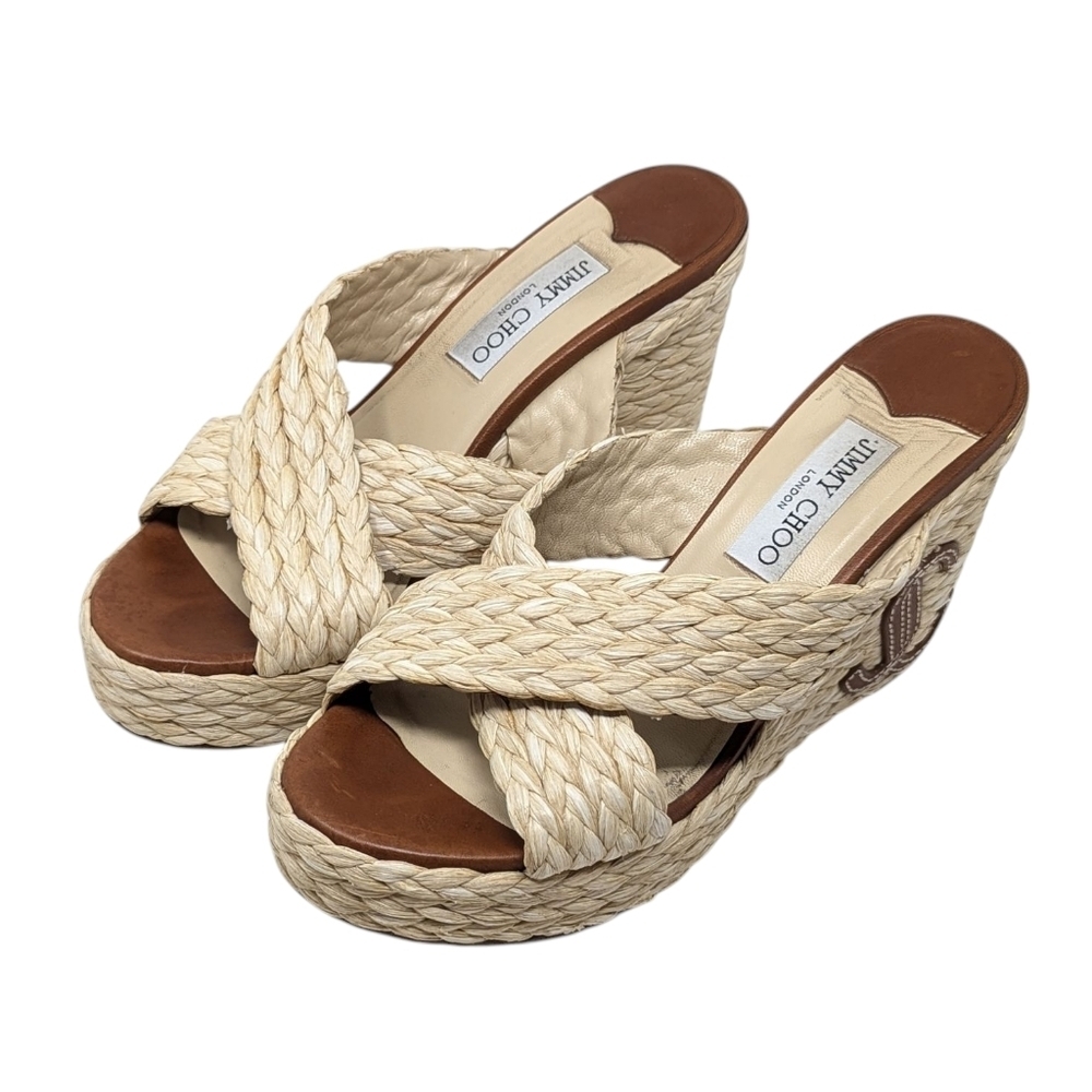 Jimmy Choo Dovina 100 Raffia Wedge JC Logo Sandal Size EU 39